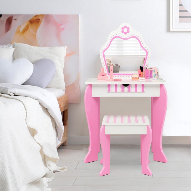 Schminktisch &amp; Hocker Set für Kinder mit Spiegel und Schublade 49 x 34 x 86,5 cm rosa