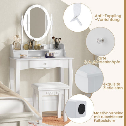Schminktisch mit LED Beleuchtung Helligkeit einstellbar Frisiertisch mit 3 Schubladen weiß