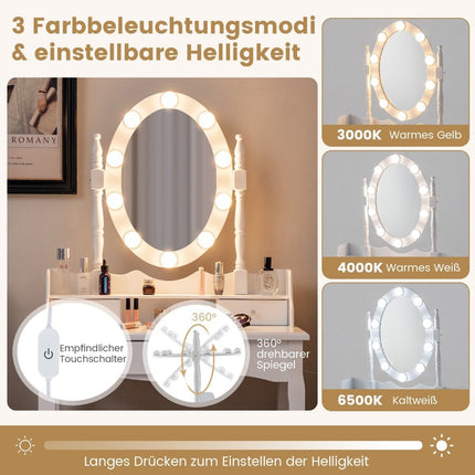 Schminktisch mit LED Beleuchtung Helligkeit einstellbar Frisiertisch mit 3 Schubladen weiß