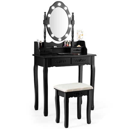 Kaptafel met kruk, spiegel en 10 dimbare ledlampen, 75 x 40 x 146 cm, zwart