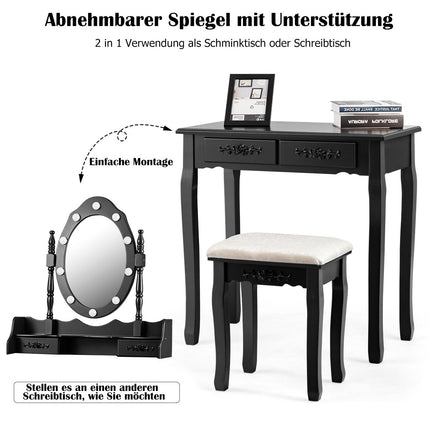 Kaptafel met kruk, spiegel en 10 dimbare ledlampen, 75 x 40 x 146 cm, zwart