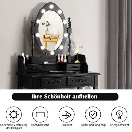 Kaptafel met kruk, spiegel en 10 dimbare ledlampen, 75 x 40 x 146 cm, zwart