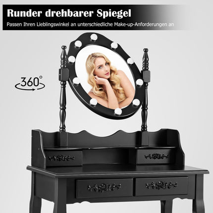 Kaptafel met kruk, spiegel en 10 dimbare ledlampen, 75 x 40 x 146 cm, zwart