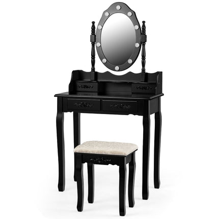 Kaptafel met kruk, spiegel en 10 dimbare ledlampen, 75 x 40 x 146 cm, zwart