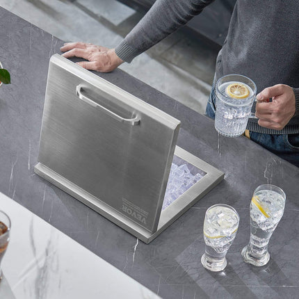 Drop-In Ice Chest, 30 Qt Stainless Steel, Hinged Lid Drain