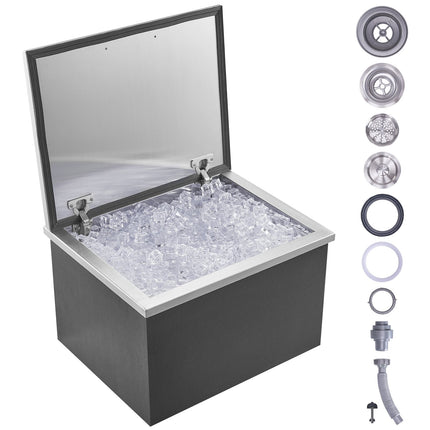 Drop-In Ice Chest, 47 Qt Stainless Steel, Hinged Lid, Drain