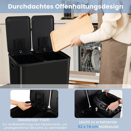 Dvoukomorový kuchyňský koš 60L – soft-close, černý
