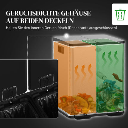 Dvoukomorový nerezový odpadkový koš, 2x20L