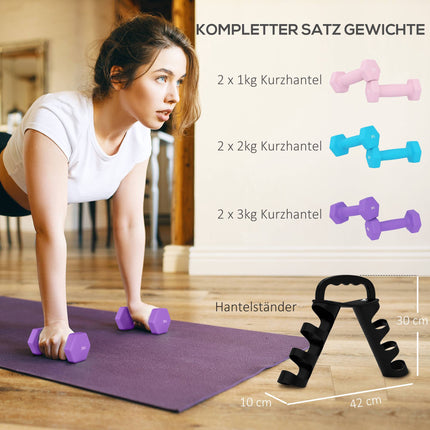 Sada činek se stojanem, 6 závaží: 1kg, 2kg, 3kg