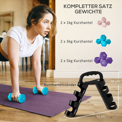 Sada činek se stojanem – 6 závaží: 2x1kg, 2x3kg, 2x5kg