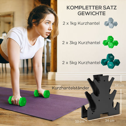 Dumbbell set with stand - 6 pairs: 1 kg, 3 kg, 5 kg