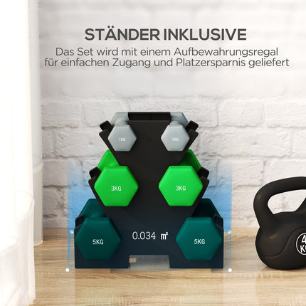 Dumbbell set with stand - 6 pairs: 1 kg, 3 kg, 5 kg