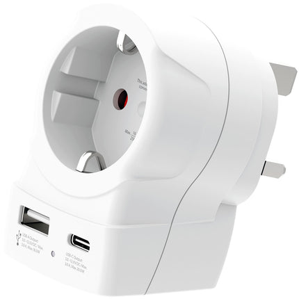 Adaptér ze zásuvky EU na UK, USB-A/USB-C 20W PD, uzemněný