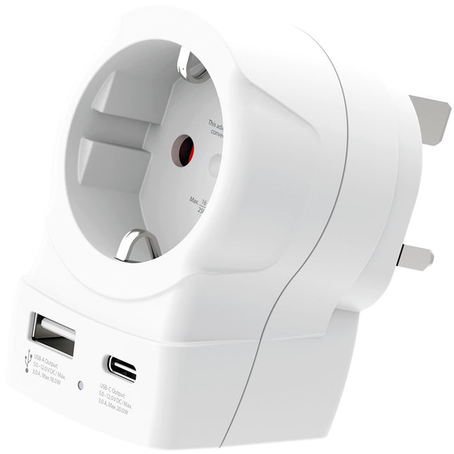 Adaptér ze zásuvky EU na UK, USB-A/USB-C 20W PD, uzemněný
