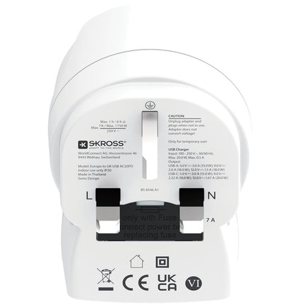 Adaptér ze zásuvky EU na UK, USB-A/USB-C 20W PD, uzemněný