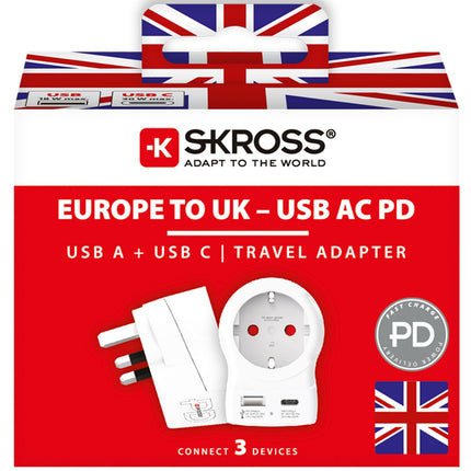 Adaptér ze zásuvky EU na UK, USB-A/USB-C 20W PD, uzemněný