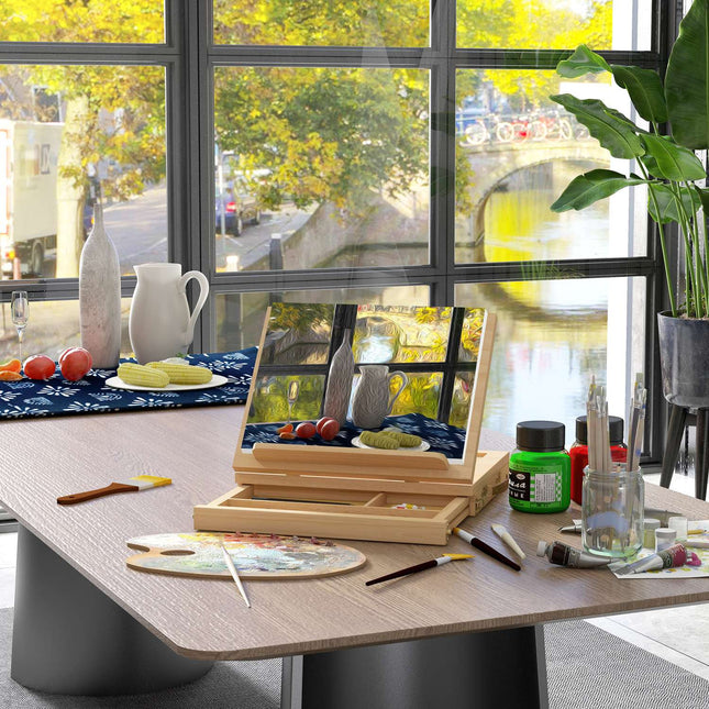 Schildersezel Brancardframe Koffer Schildersezel Studio-Ezel Hoek Verstelbaar Opvouwbaar Met Lade Natuurlijk Beukenhout