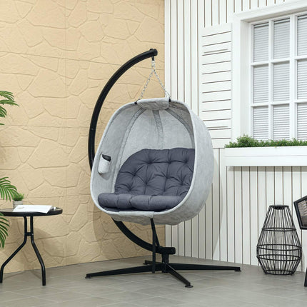 Egg-shaped outdoor hanging chair with cushions, gray