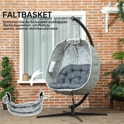 Egg-shaped outdoor hanging chair with cushions, gray