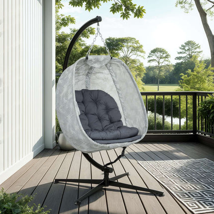 Egg-shaped outdoor hanging chair with cushions, gray