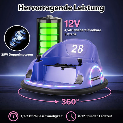 Elektrické dětské narážecí autíčko s otáčením 360, 12V, fialová