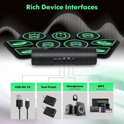 Elektronické bicí s 9 pady, rolovací cvičná bicí podložka se 2 stereo reproduktory
