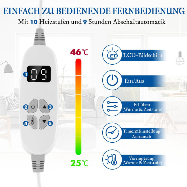 Elektrická vyhřívaná deka, 9 stupňů ohřevu, časovač 9h, modrá