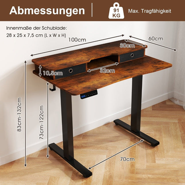 Elektrisch höhenverstellbarer Schreibtisch mit Monitoraufsatz, 100x60 cm