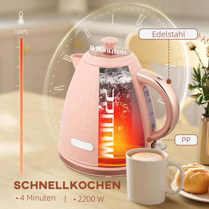 Elektrická rychlovarná konvice 1.7L, rychlý var, 2200W, bezdrátová, růžová