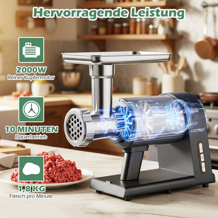 Elektrický mlýnek na maso 2000W, 3 nástavce na klobásy, sada na kebbe