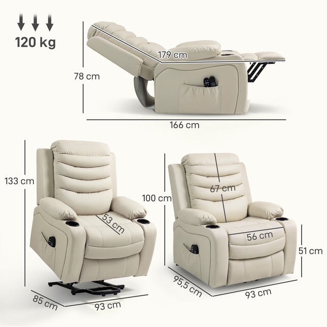 Elektrische relaxfauteuil met liftfunctie, massage, verwarming, USB-aansluiting en crèmekleurige afwerking.