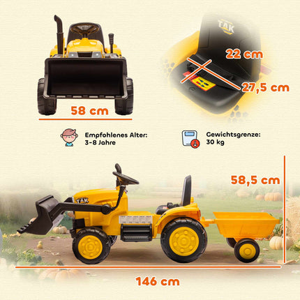 Elektrický dětský bagr k sezení s vlečkou, 12V, 3-8 let, žlutá