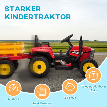 Dětský elektrický traktor s vlekem a dálkovým ovládáním, červený