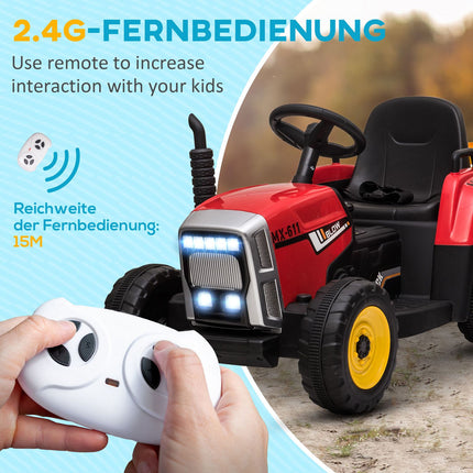 Dětský elektrický traktor s vlekem a dálkovým ovládáním, červený