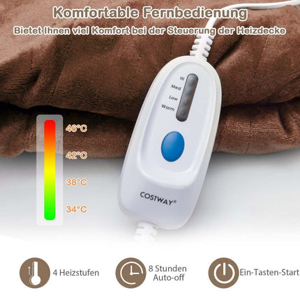 Elektrická deka s automatickým vypnutím, 4 stupni teploty, časovačem a ochranou proti přehřátí, kávová