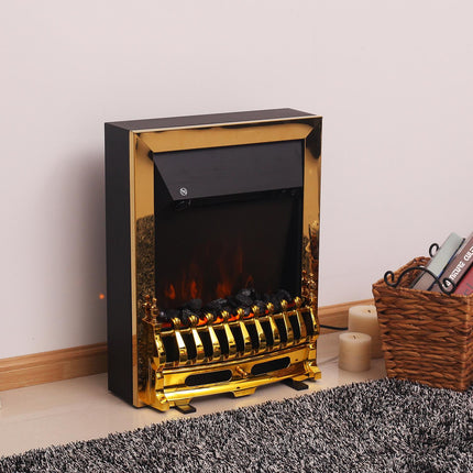 Volně stojící elektrická krbová kamna, 1000/2000W, zlatá, efekt plamene