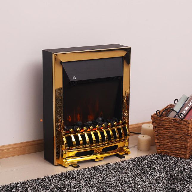 Volně stojící elektrická krbová kamna, 1000/2000W, zlatá, efekt plamene