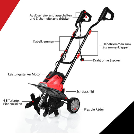 Elektrický rotavátor a kultivátor, zahradní kypřič půdy, červená a černá