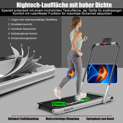 Elektrický běžecký pás, nastavitelná rychlost, dálkové ovládání, Bluetooth, skládací, stříbrná