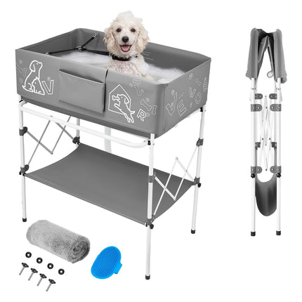 Elevated Dog Bathtub, Foldable With Drain Hose, Gray