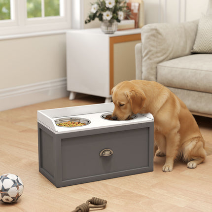 Elevated Dog Feeder with Storage & 2 Stainless Bowls, White