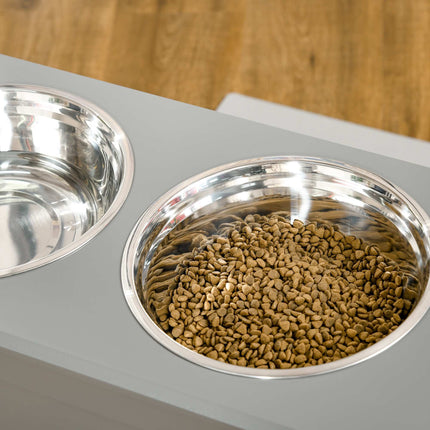 Elevated Pet Feeder with Storage, 2 Stainless Bowls, Grey