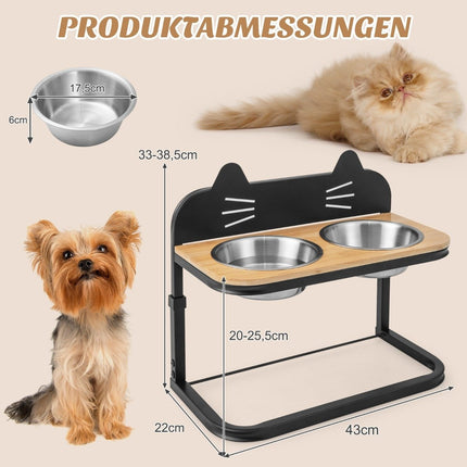 Elevated feeding station for cats & small to medium dogs 3-way height-adjustable bowl stand