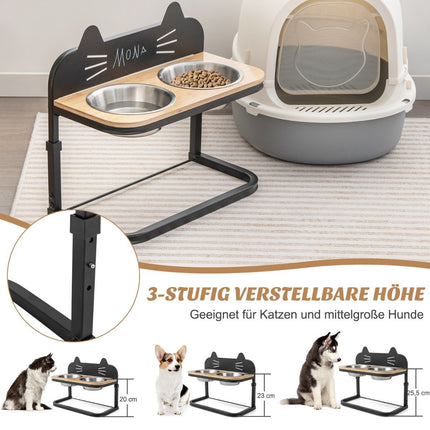 Elevated feeding station for cats & small to medium dogs 3-way height-adjustable bowl stand