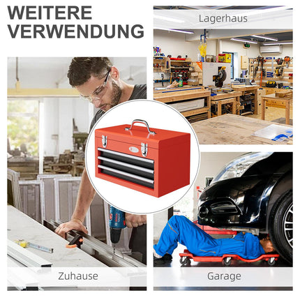 Red steel tool box with 3 drawers - 45 x 24 x 27 cm