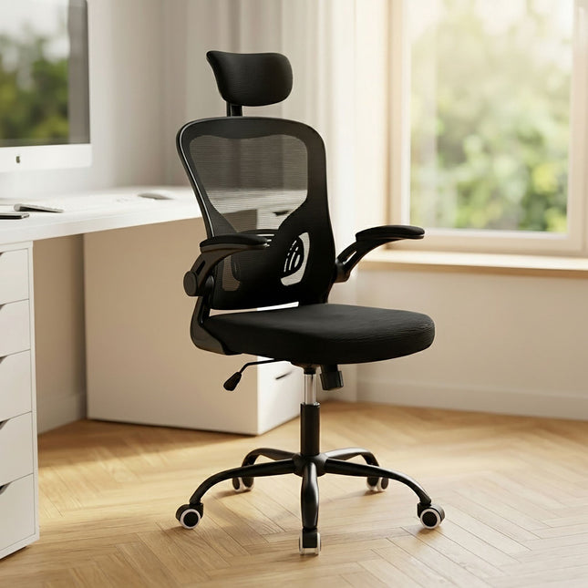 Ergonomická černá kancelářská židle s opěrkou hlavy a beder