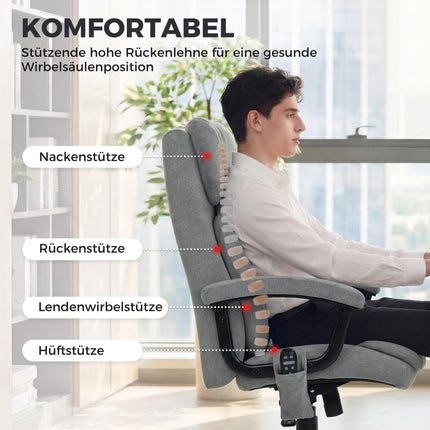 Ergonomické masážní kancelářské křeslo s vysokou opěrkou, šedý samet