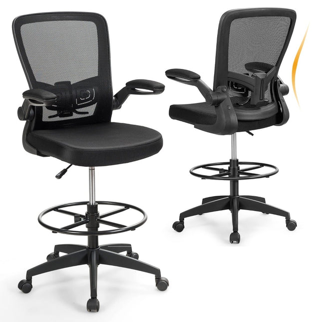 Ergonomische bureaustoel met mesh-bekleding, hoge rugleuning en verstelbare armleuningen.