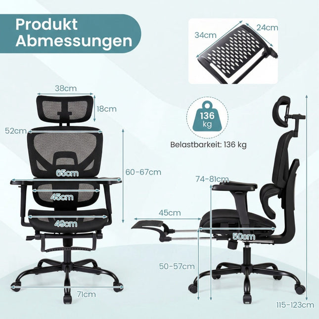 Ergonomická síťovaná kancelářská židle s podnožkou, černá