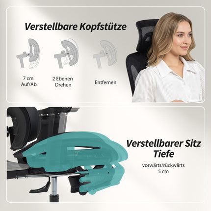 Ergonomická kancelářská židle, nastavitelná bederní opěrka a opěrka hlavy, černá síťovina
